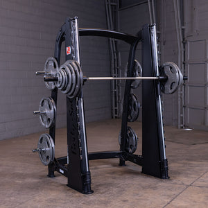 Body-Solid SCB1000B Counterbalanced Smith Machine loaded with Olympic plates on the six storage posts