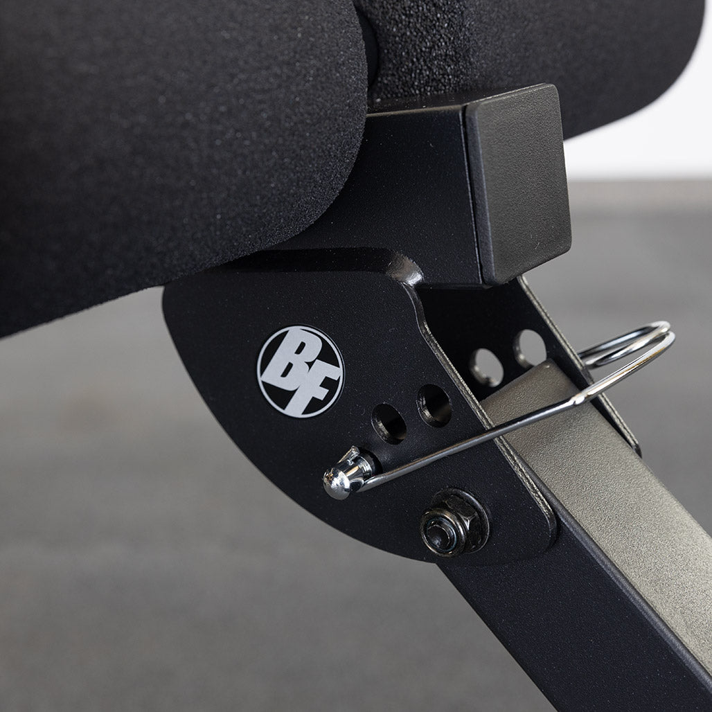 Best Fitness BFAB10B AB Folding Bench — pop-pin angle adjustment on the BF-branded pivot bracket