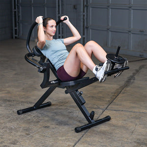 Best Fitness BFAB20B AB Mantis Bench — weighted ab crunch, front three-quarter view with plates loaded on the foot post