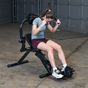 Best Fitness BFAB20B AB Mantis Bench — weighted ab crunch, side view at the top of the rep
