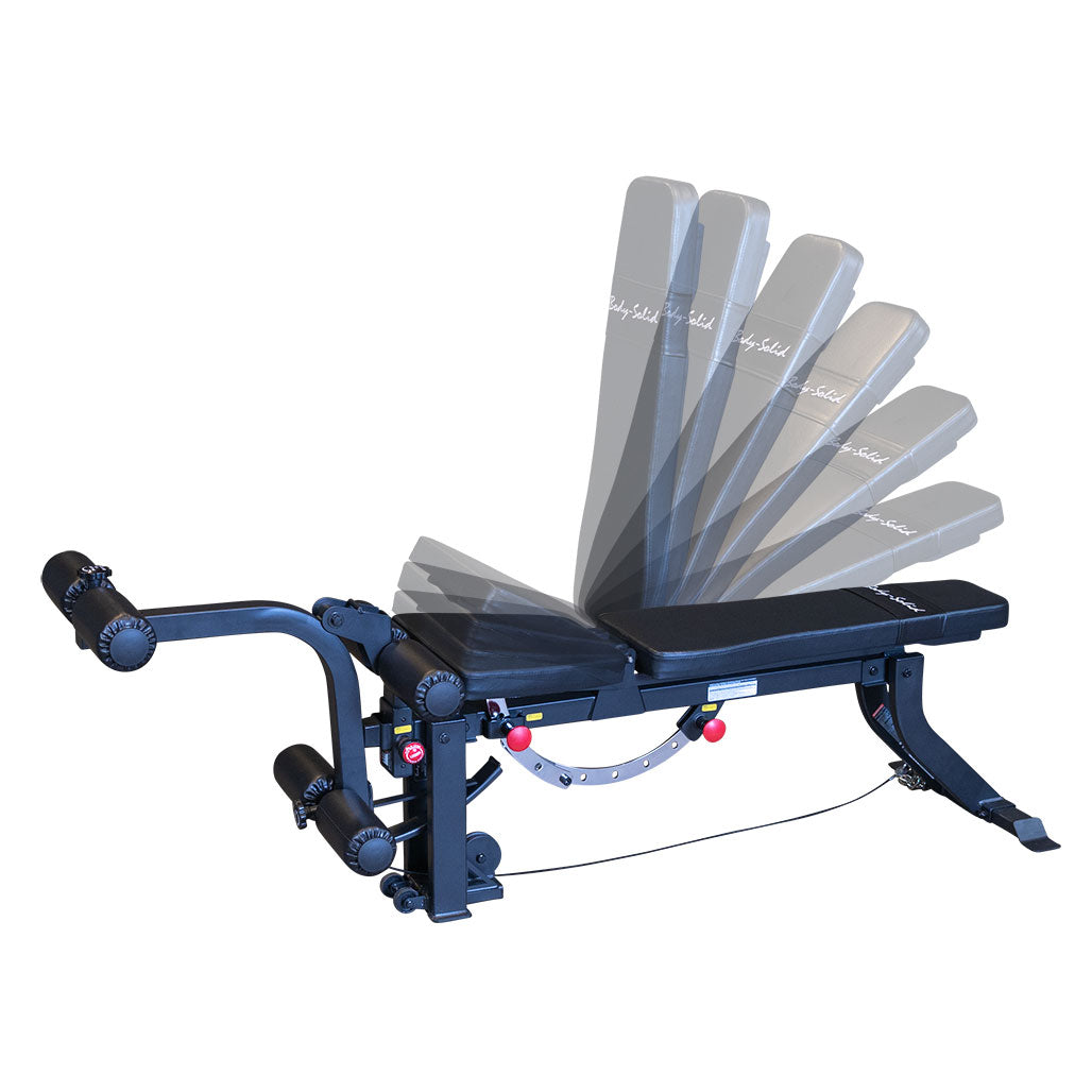 Body-Solid GLEG adjustable bench with cable leg developer in front of a cable machine