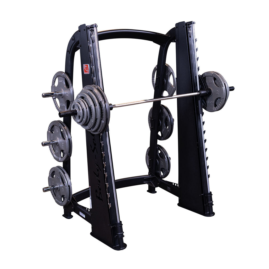 Body-Solid SCB1000B Pro ClubLine Counterbalanced Smith Machine loaded with plates, white background