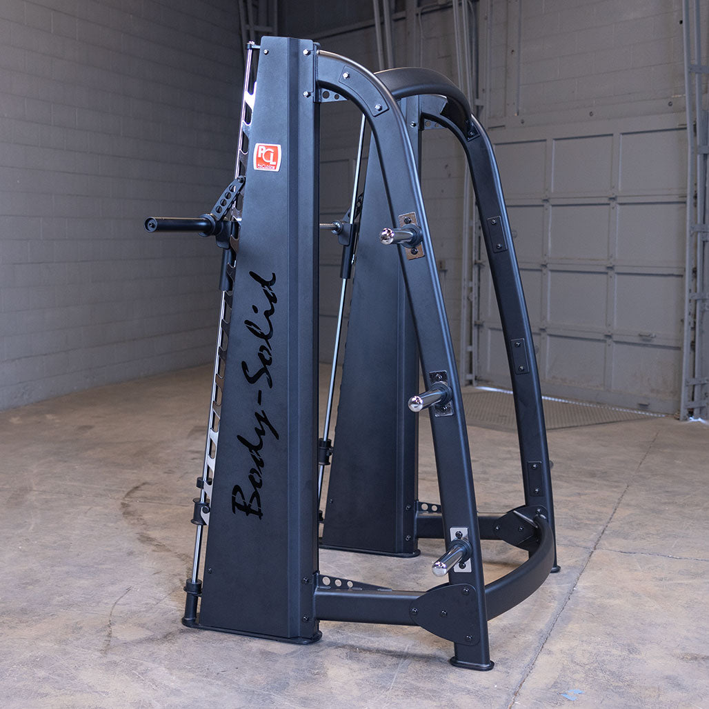 Body-Solid SCB1000B Counterbalanced Smith Machine, side view of the oval 11-gauge steel frame
