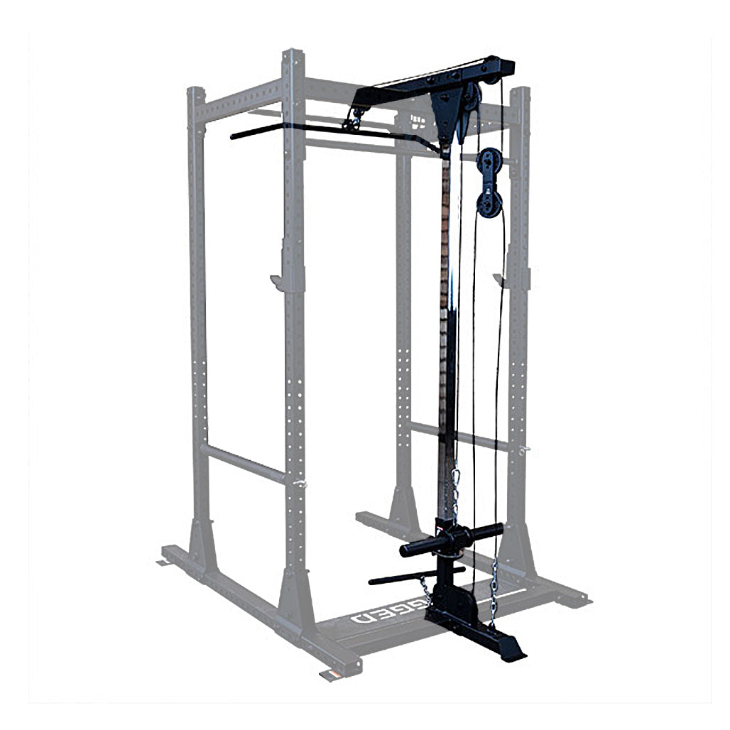 Rugged Series Y210 lat attachment fitted to the Y100 Full Rack on a white background