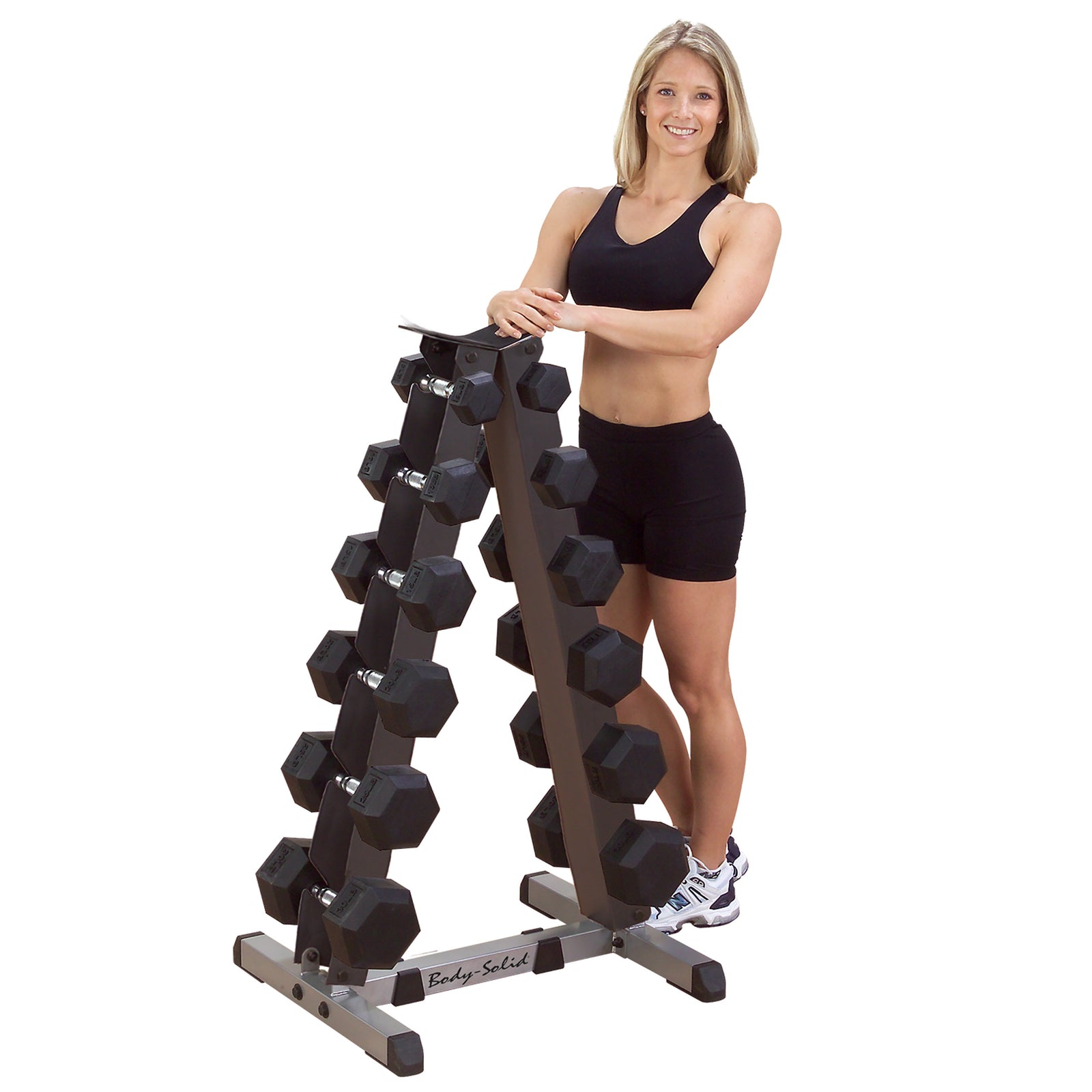 Body-Solid GDR44 vertical dumbbell rack holding six pairs of hex dumbbells