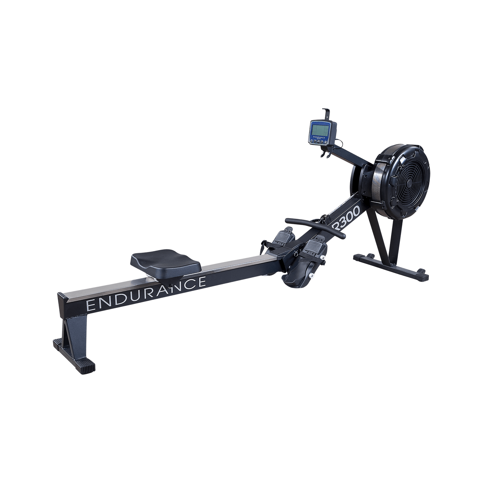 Endurance by Body-Solid R300 air rower – full side view showing the seat rail, flywheel and console