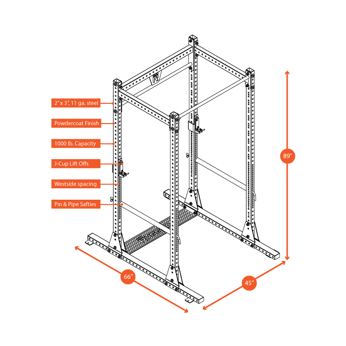 Rugged Y100 full power rack in 2x3 11-gauge steel, front view